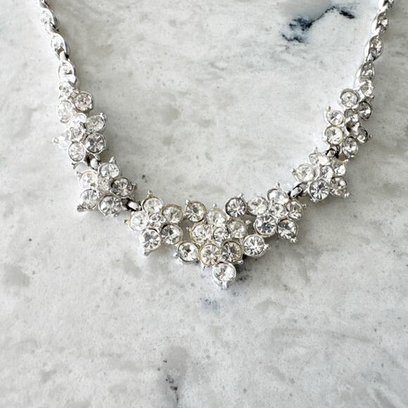 Bug Off Rhinestone Necklace Silver Tone Floral Cluster Sparkle Formal - Picture 4 of 10